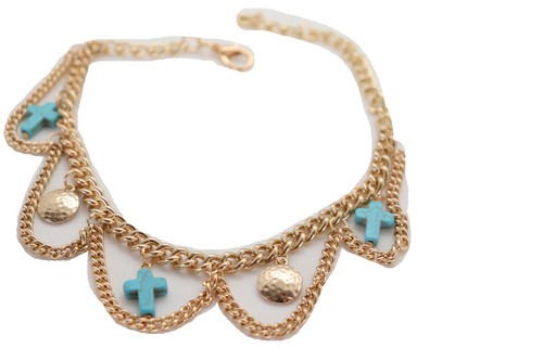 Women Gold Metal Boot Chain Bracelet Shoe Turquoise Cross Charm Adjustable Size - Picture 11 of 22