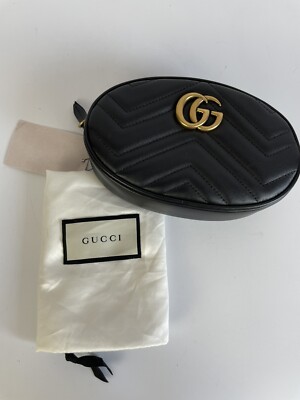 GUCCI Marmont Belt Bag Chevron Pouch Leather Black 476434 Purse