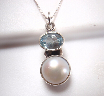 Faceted Blue Topaz and Cultured Pearl Double Gem 925 Sterling Silver Necklace