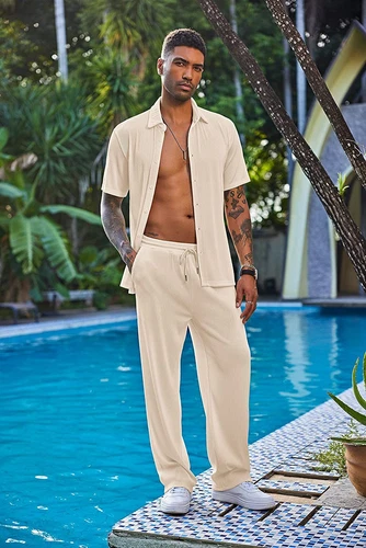 Men Outfit 2-Piece Set Half Sleeve Button Shirt and Pants Sweatsuit Set - Picture 6 of 30