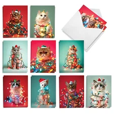 20 Asst'd Christmas Notecards 4"x5.12" w/ Envelopes (10 Designs) Decorated Cats
