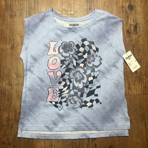 OshKosh Girls Sleeveless Shirt Size 7/7A Blue 100% Cotton Love and Flower - Picture 14 of 24
