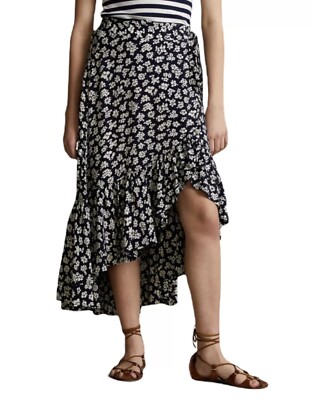 NWT Polo Ralph Lauren Floral Asymmetric Flounce Maxi Skirt Navy Cream Sz 0 $295