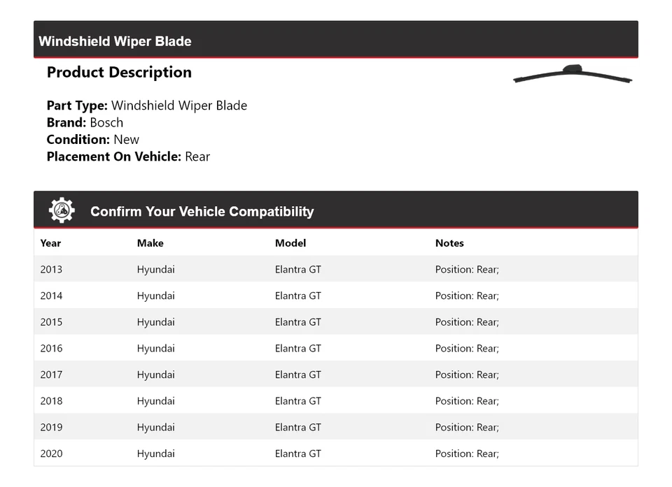 Limpiaparabrisas trasero para Hyundai Elantra GT 2013-2020 Bosch 2014 2015 Foto 2 de 4