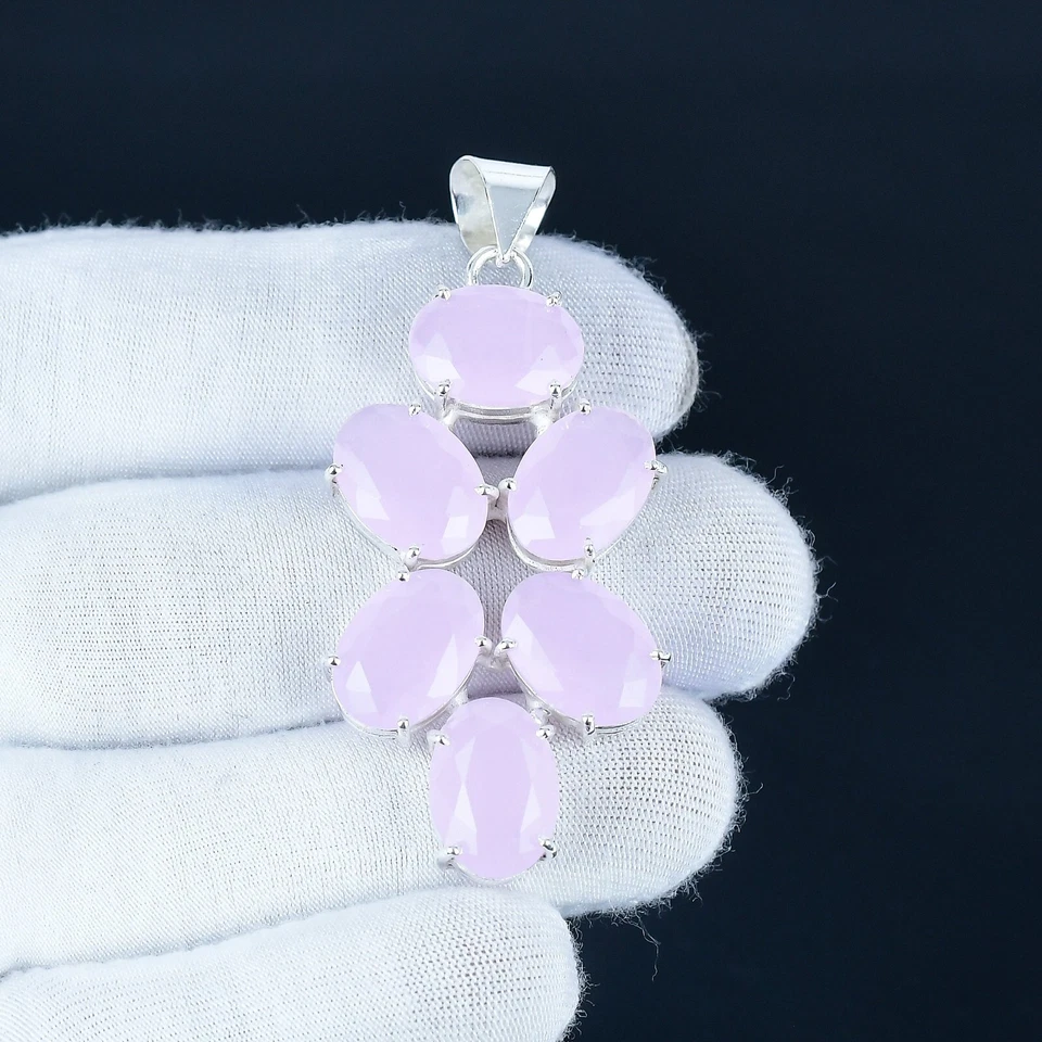 Rosa Calcedonio Lab-Made Gemma Fatto a Mano 925 Argento Sterling Etnico Ciondolo - Immagine 2 di 4