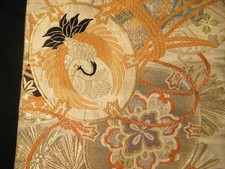 ANTIQUE JAPANESE FORMAL MARU OBI SILK BROKADE CRANE AND PINE NEEDLE DESIGNS