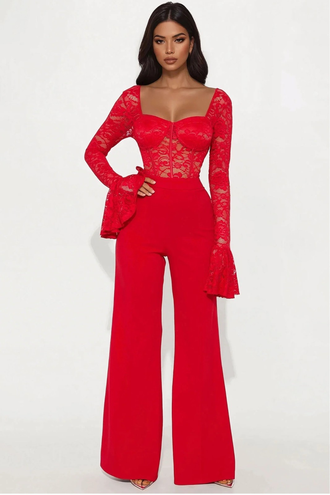 Red Lace Wide-Leg Jumpsuit Sweetheart Neck Bell Long Sleeve for Women