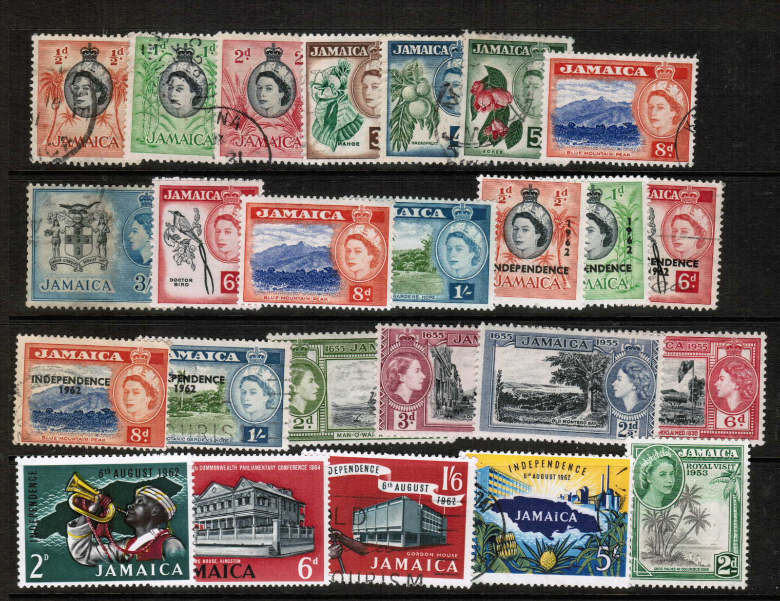 Jamaica, QEII 1956-62. SC#155-8,159-68,171,181-4,190-2. Mint LH/Hinged & Used.
