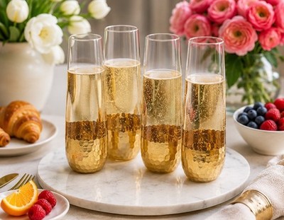 GORGEOUS! 4 Stemless Glass Champagne Flutes Honeycomb Gold  Dipped