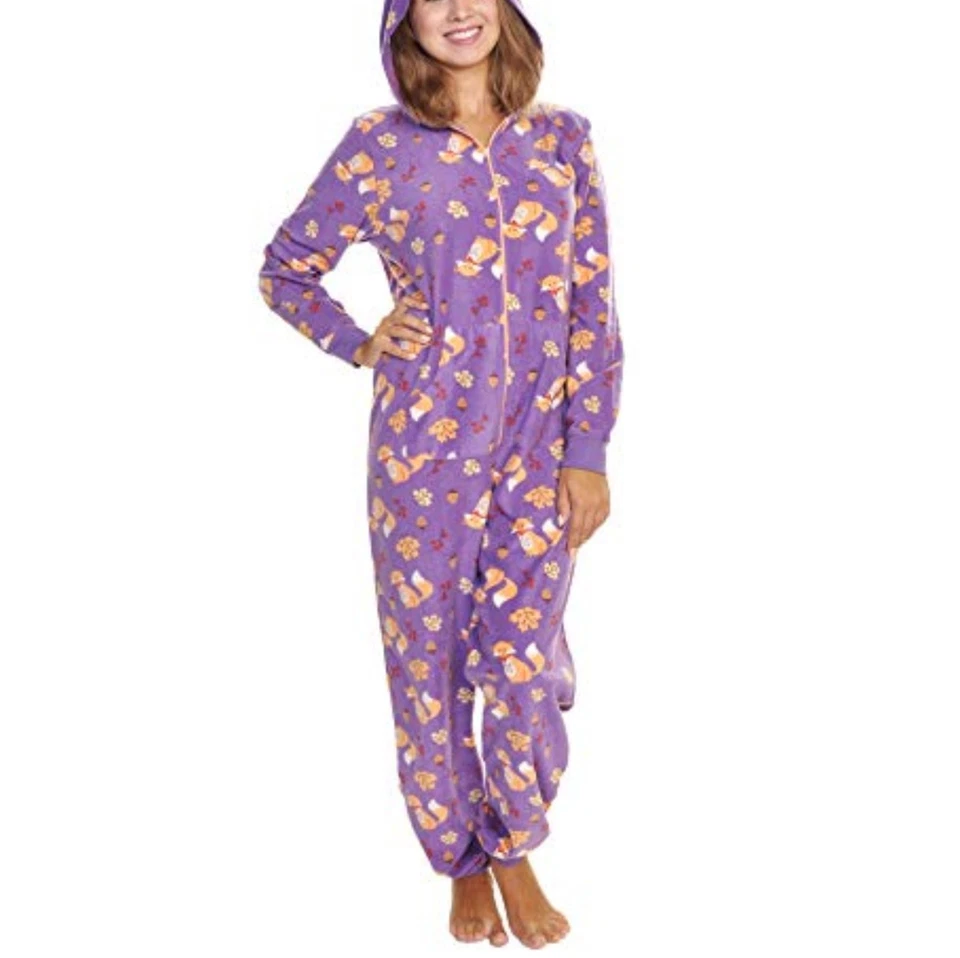 Acogedor pijama polar estampado de zorro hoja de arce 1 pieza - orejas de conejo • cremallera • divertido con capucha Foto 2 de 4