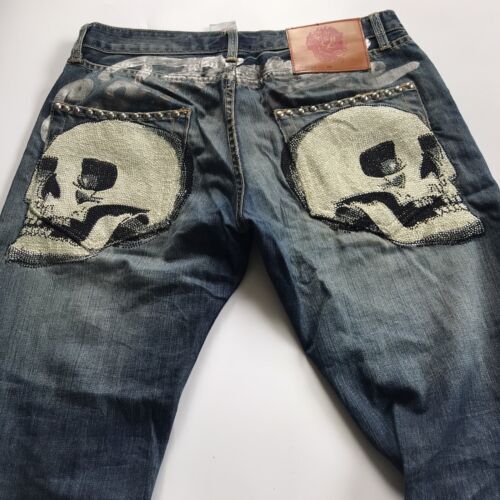 VTG Ed Hardy 2000s Y2K Dark Wash Blue Embroidery Skull Denim Baggy