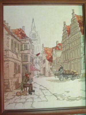 Lanarte Finished Street Scene Cross Stitch Picture-9x11.5 Inches & Frame-11x13.7