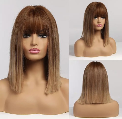 Perruque Synthétique Femme Courte Brun Doré Avec Frange - Bonnet Monofilament, Neuf Sans étiquettes