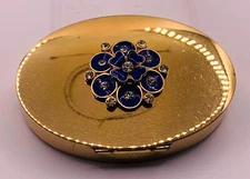 Mary Dunhill compact Gold tone blue flower STARBURST Rhinestone