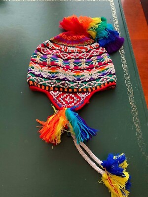 PERUVIAN CHULLO HAT WITH BEADS MULTICOLOURED RAVE FESTIVAL HAND