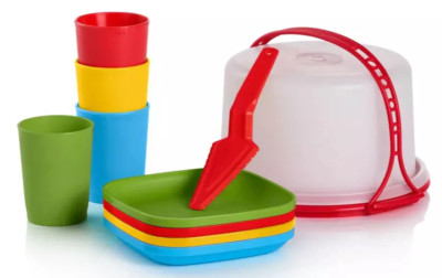 Tupperware Kids Toy 11Pc Mini Tumbler Plate Cake Taker  Party Set Primary Colors