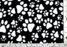 BTY DOG OR CAT WHITE PAW PRINTS BIG SMALL ON BLACK FLEECE FABRIC 1 YD 60X36"