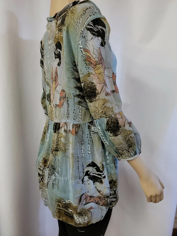 Tianello -Sz S Exquisite ASIAN GEISHA 3/4 Blue Rayon FLORAL Artsy Top Blouse #W1 - Image 3 of 4