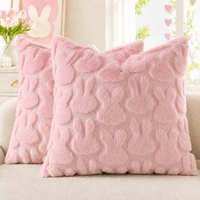 Pink Faux Fur Bunny Throw Pillow Covers 18x18 Set of 2 Plush Soft Wool Jacquard