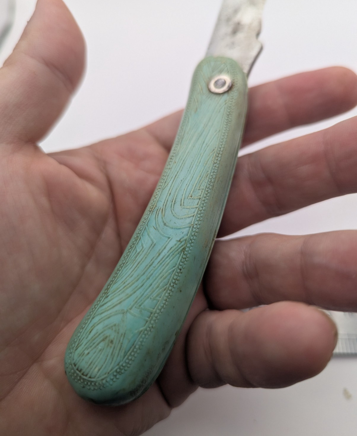 Vintage Soviet Gardening Pruning Knife Green Plastic Handle Curved Blade USSR