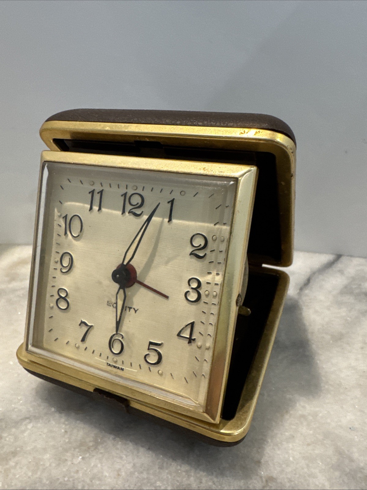 Vintage Equity Folding Travel Working Alarm Clock Glow Hands & Hours Brown Case