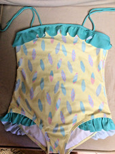 The Oaks Girls Size 8 Cute Yellow and Aqua 1 piece Lined Swimsuit Excellent