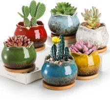 TOPZEA Set of 6 Succulent Plant Pots, 4 Inch Glazed Ceramic Pots with Drainag...