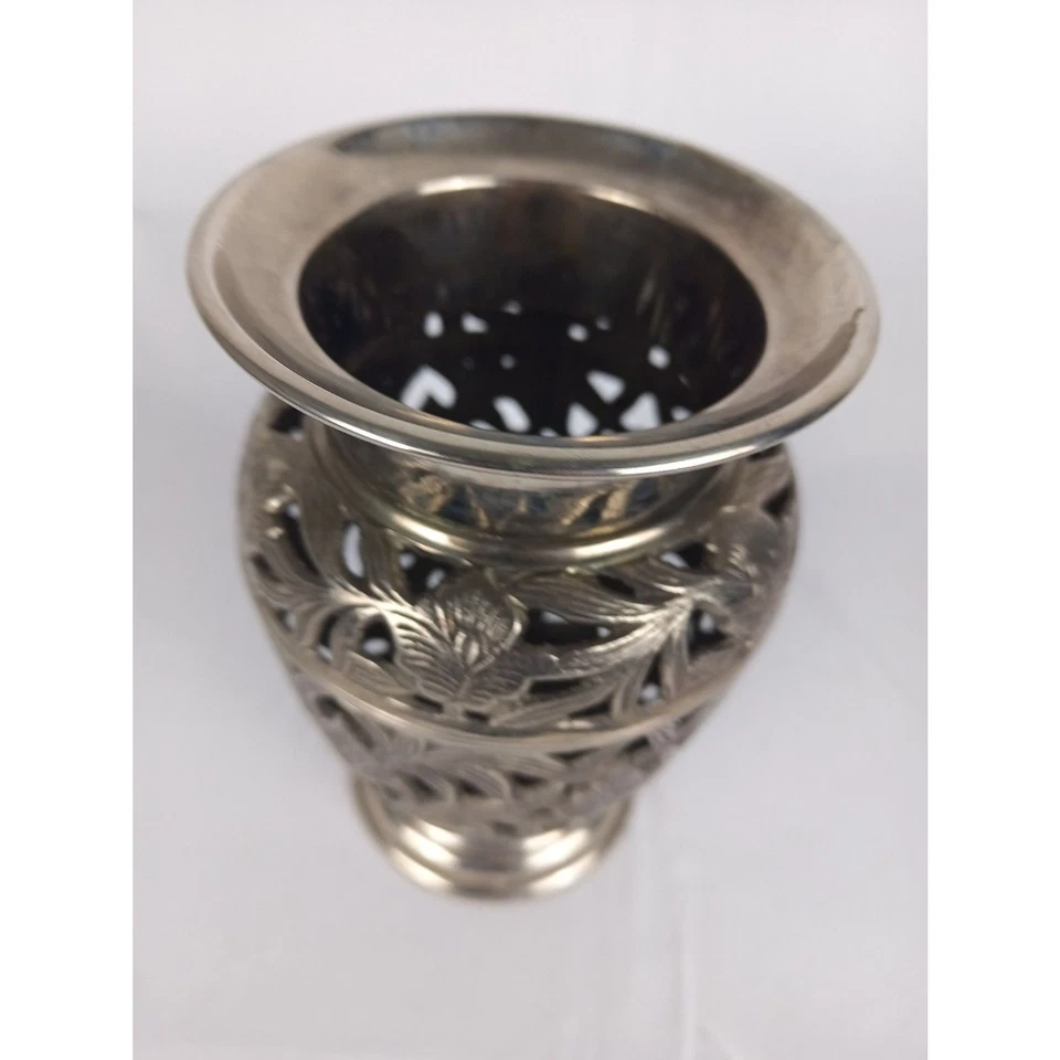 Heavy Metal Vase Stainless Steel Decorative Flower Vase 8 In Intricate Metalwork - Image 3 of 4