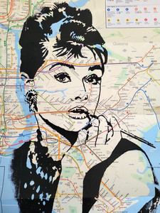 Rare Handpainted Audrey Hepburn Acrylic paint Art on a NYC Subway Map 23x32"
