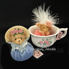 Cherished Teddies 2 Spring Bonnet Ladies, Tea Cup, Bean Bag Figurines 873349