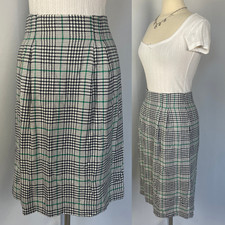 Vintage Midi Skirt Size 12 Black White Green Houndstooth Preppy Academia 80s 90s