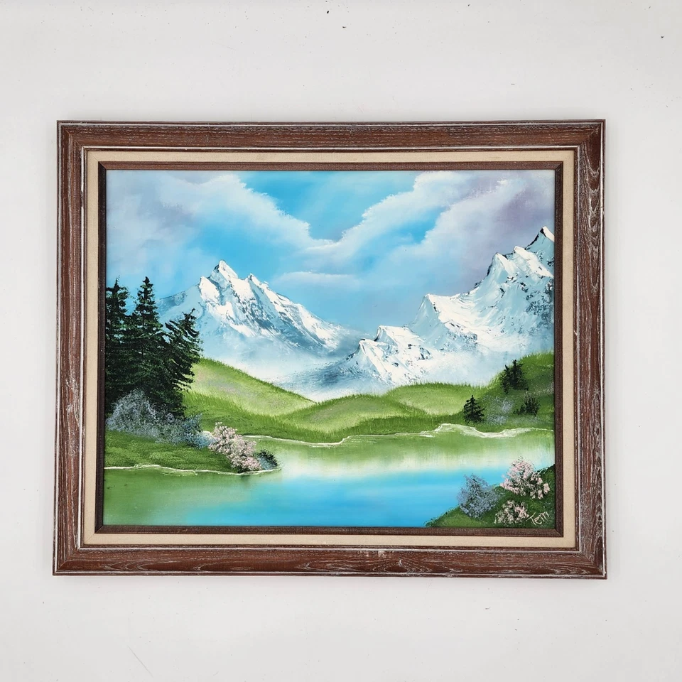 Original Oil Painting Mountain Lake Landscape Bob Ross Style Framed Signed Art - Image 3 of 4