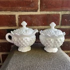 Vintage 1970s Hobnail Milk Glass Sugar Bowl and Creamer Set w Lids