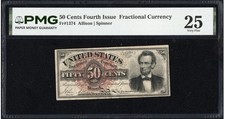 FR# 1374 Fractional 1869 Lincoln Currency 50c Fourth 4th Issue Bank Note, PMG 25