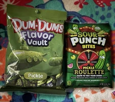 1x Dum Dums Flavor Vault Pickle Lollipops 3.5oz  1x Sour Punch Pickle Roulette