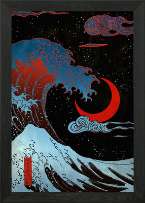 Große Welle & roter Mond gerahmtes Wandbild Poster Leinwanddruck Bild