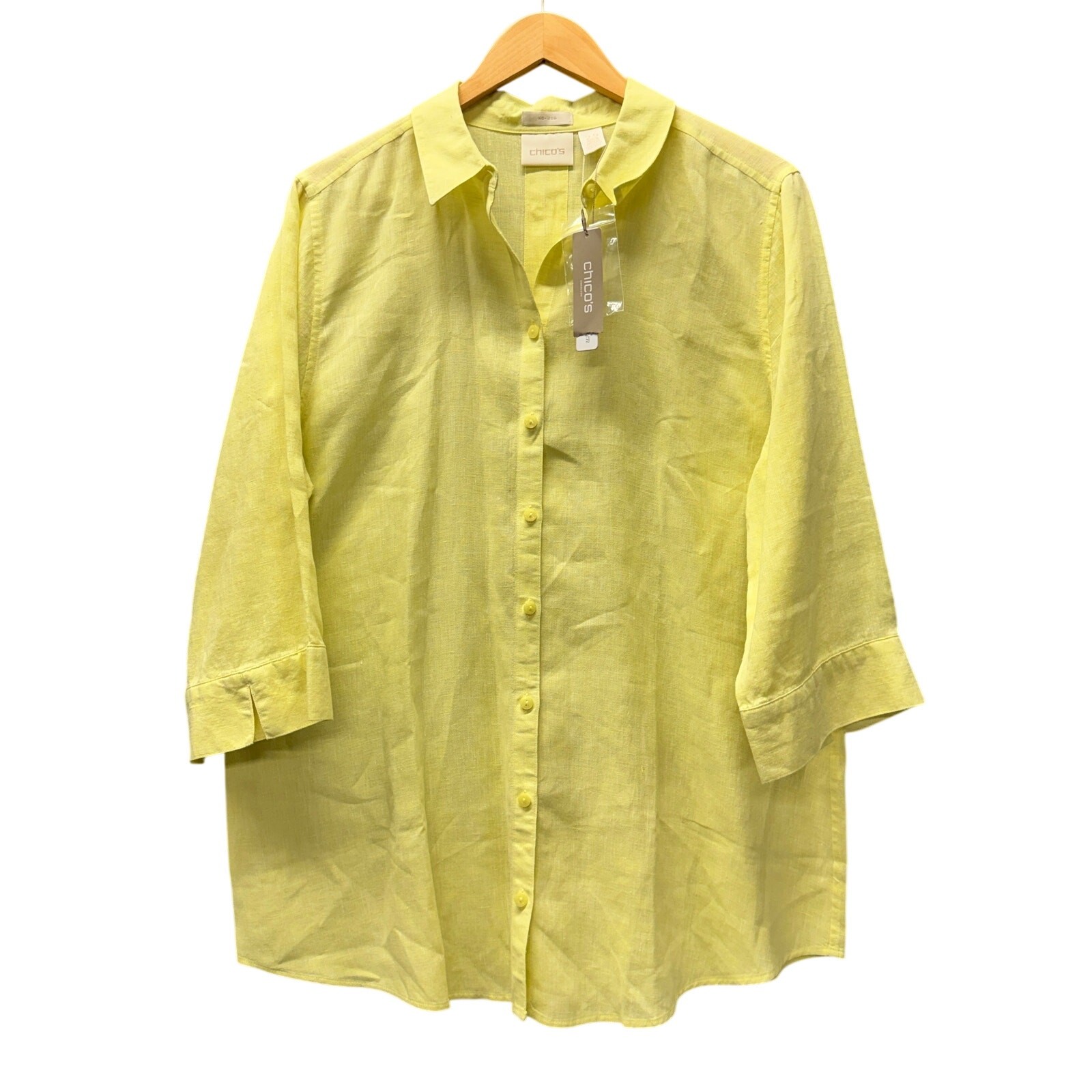 Chico's Linen Tunic Womens Large Button Up No Iron Blouse Soft Lime Yellow NEW