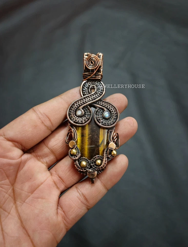 Precioso colgante de piedras preciosas ojo de tigre envuelto en alambre de cobre colgante para regalo Foto 3 de 4