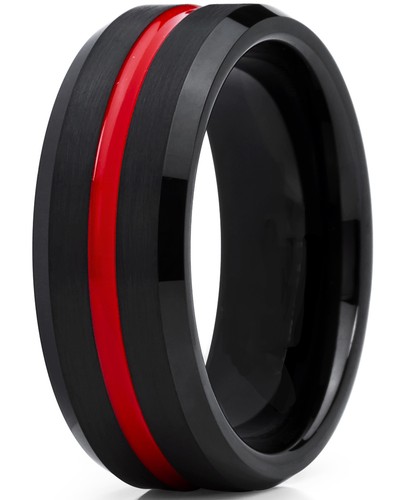 Wolframcarbid schwarzer Ehering Verlobungsring, gerillt rot Mitte - Bild 2 von 7