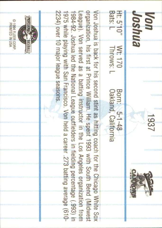 Von Joshua 1994 Fleer ProCards #1937 RC Prince William Cannons *AutographDen* - Image 2 of 2