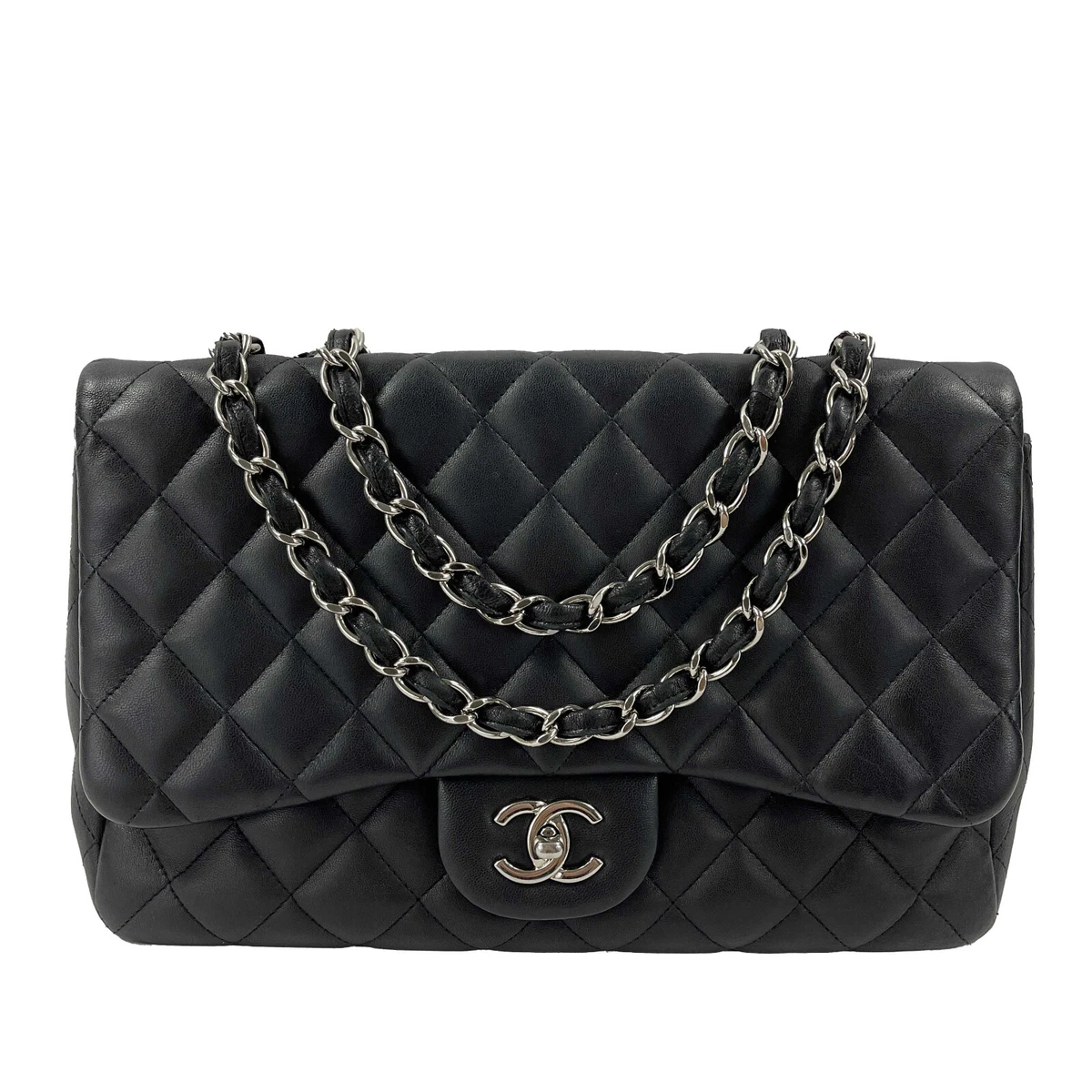 CHANEL - Jumbo Classic Flap CC Quilted Black Lambskin Shoulder Bag /  Crossbody