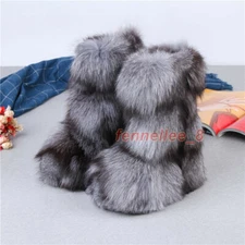 Women 100% Genuine Fox Fur Boots Real Fur Pull on 13CM Inner Heighten Snow Shoes