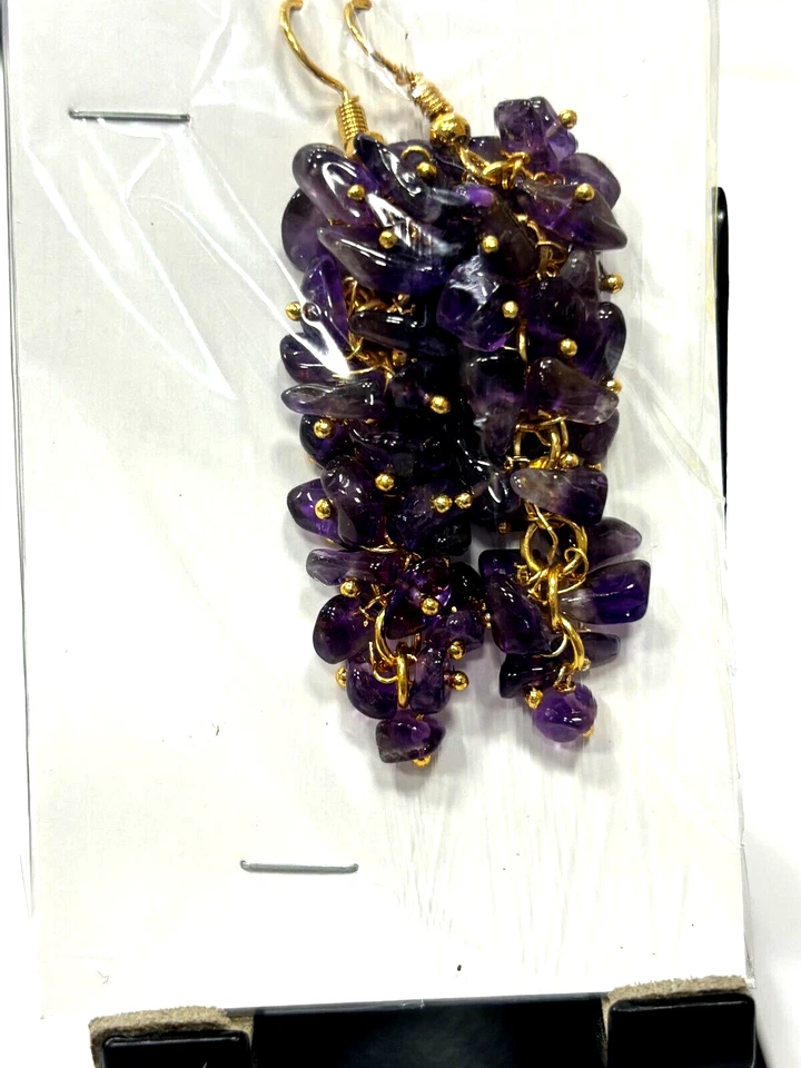 AMETHYST UNCUT CHIPS SMOOTH 4-6 MM 2.5" INCH 1 PAIR EARRING - Image 2 of 4