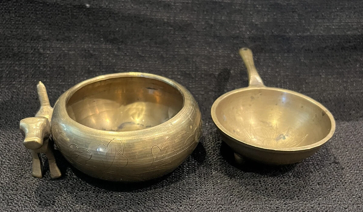 Vtg 3.5 Chinese Brass Dog Figurine Trinket Dish Ashtray And
