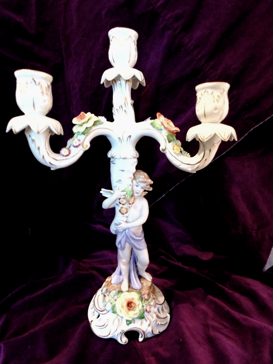 Vtg Von Schierholz German Porcelain Flowers Angel Cherub 3 Arm