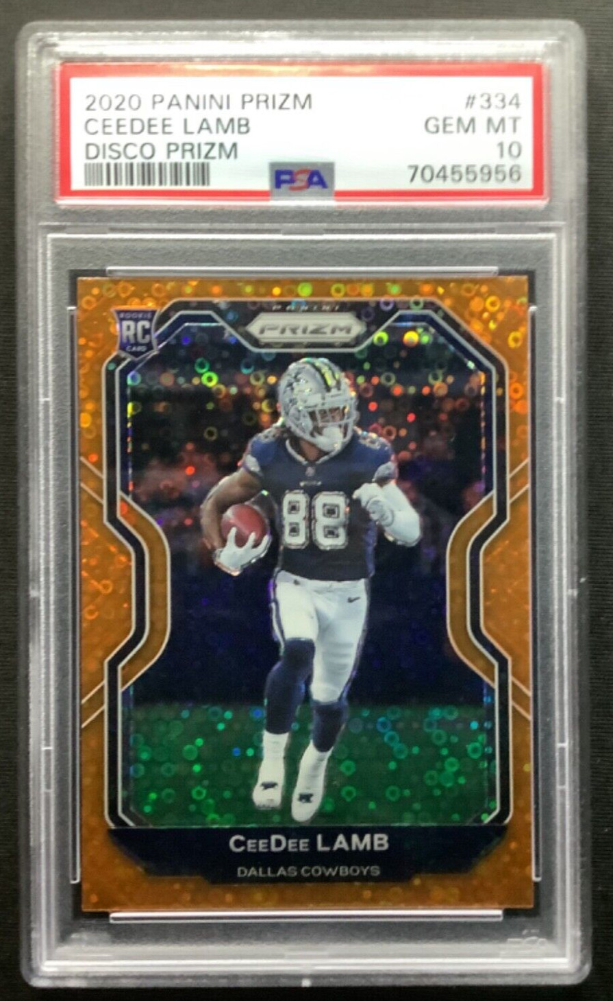 2020 Panini Prizm 334 CeeDee Lamb ORANGE DISCO Cowboys RC Rookie PSA 10 Gem Mint view 2