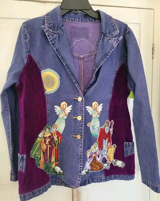 Upcycled Artsy Denim Jacket M Patchwork Boho Festival Art To Wear Gypsy Religiou