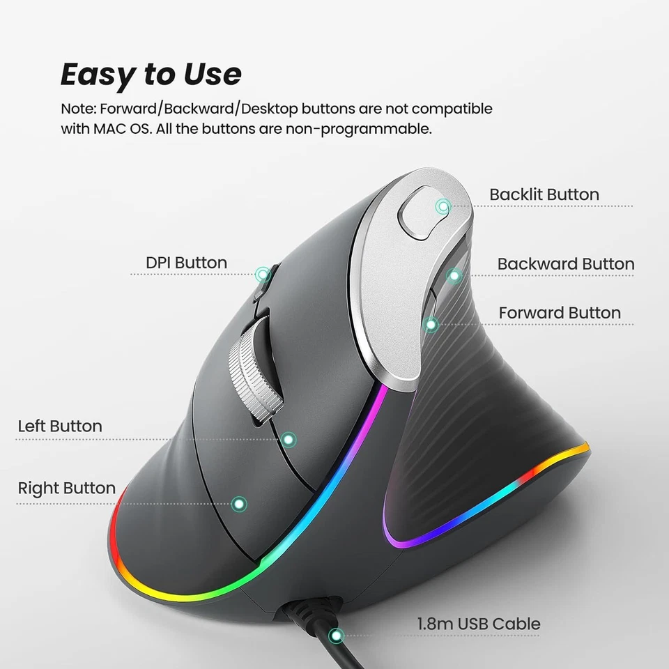 M504 Wired Vertical Mouse USB Ergonomic RGB 4 DPI Adjustable for PC Mac Laptop - Image 4 of 4