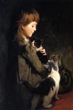 Huge Oil painting Abbott Handerson Thayer - The Favourite Kitten girl with cats