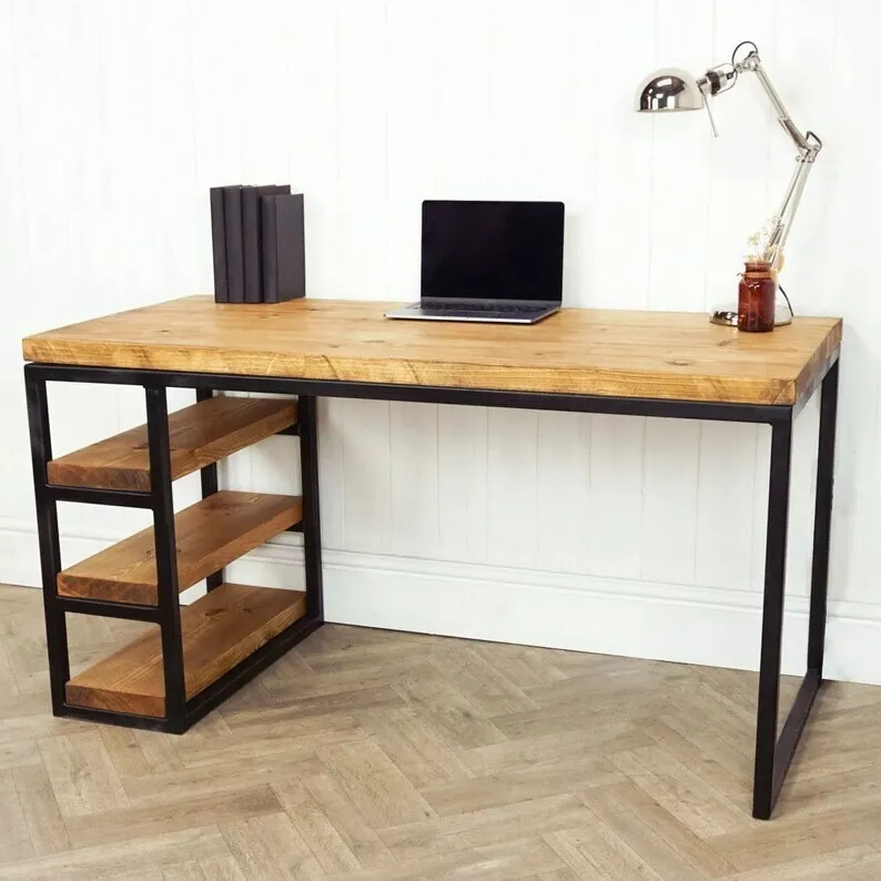 Industrial Welded Box Steel Desk with Reclaimed Timber Top and Side Storage